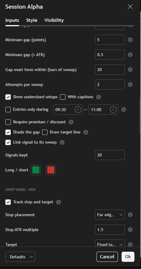 The settings panel